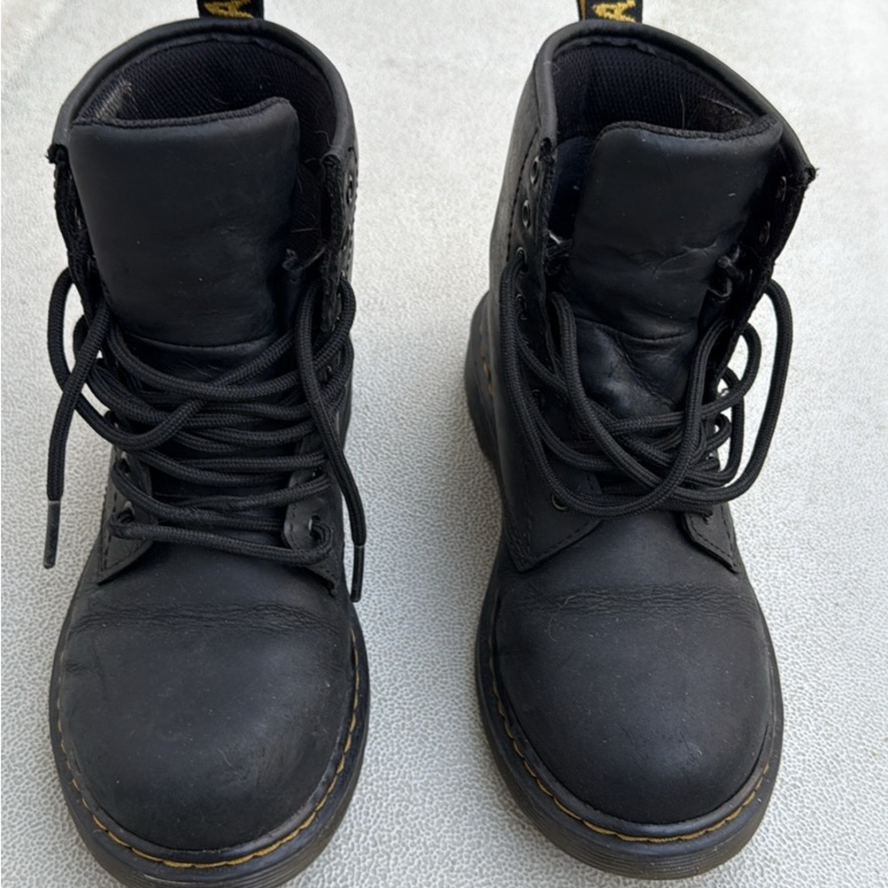 Dr. Martens Kids Black Leather Lace-Up Combat Boots with Yellow Stitching